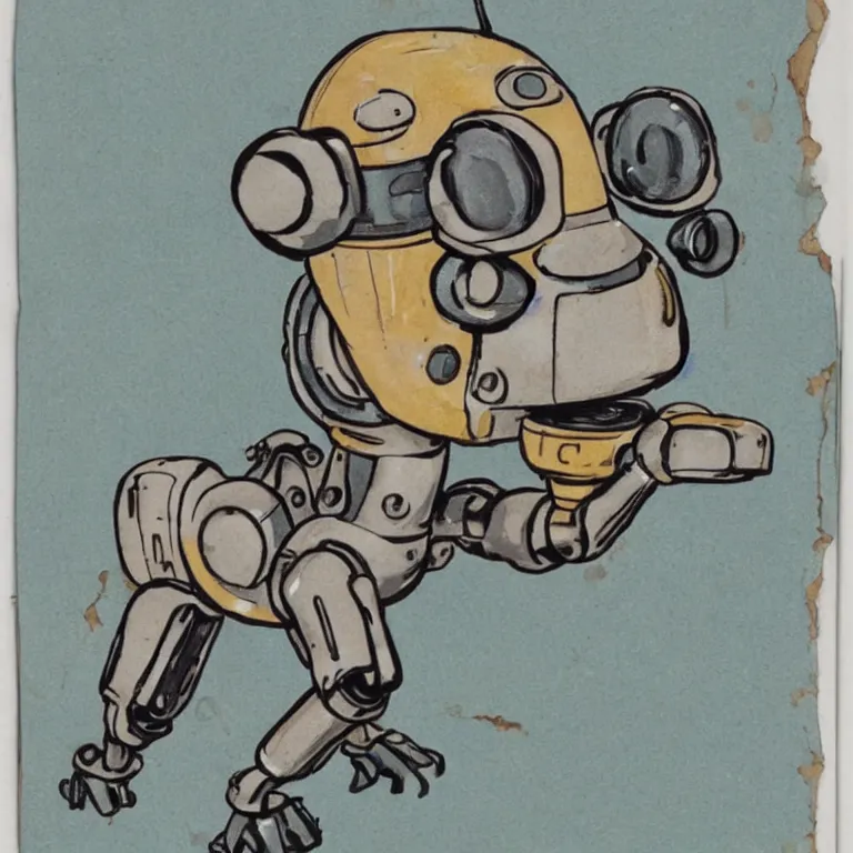 Image similar to a cute robo - puppy. alcohol ink on parchment, muted colors, detailed, textured parchment background, 1 9 5 0 s concept art, jetsons