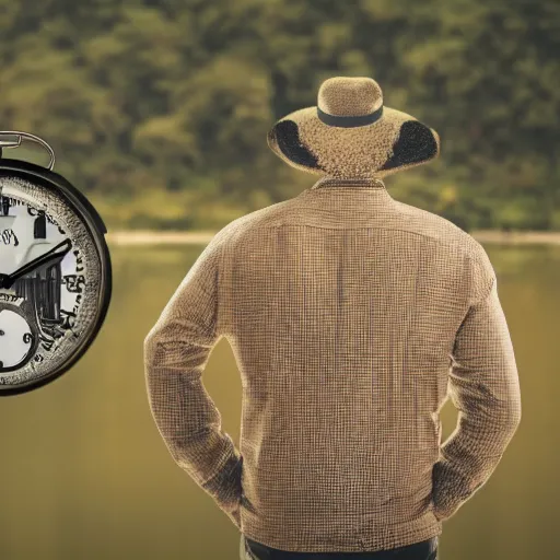 Image similar to man with clocks as eyes walking near lake with crocodiles, high detail, soft lighting, intricate, 8 k