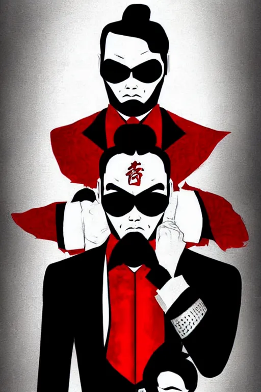 Image similar to chinnese mafia, with black suit and red tissue, some of leader have dragon tatto. digital art, concept art, pop art, bioshock art style, accurate, detailed, gta chinatown art style, cuphead art style, dynamic, face features, body features, ultra realistic, smooth, sharp focus, art by richard hamilton and mimmo rottela