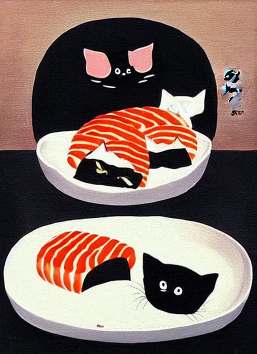 Image similar to clear surrealist painting of adorable cats made out of sushi