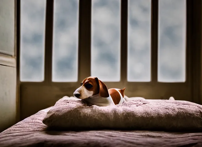 Image similar to photography of a Jack Russel . watching outside the window. on a bed. in a vintage room full of vinyls and posters.,volumetric light, photorealistic,, award winning photo, 100mm, sharp, high res