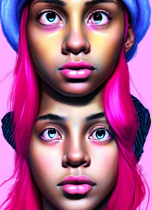 Image similar to portrait of teenage vanessa morgan with bright pink hair, black girl, curly pixie cut hair, wearing newsboy cap, pink short haircut, newsboy cap, hoop earrings, blue eyes, intricate, elegant, glowing lights, highly detailed, digital painting, artstation, concept art, smooth, sharp focus, illustration, art by wlop, mars ravelo and greg rutkowski