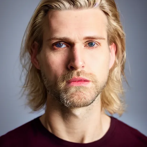 Image similar to full face color photograph of a 40 year old very handsome white man with very short, wavy, light blond hair and small blue eyes, dressed in a maroon t shirt and black jeans, with very thin lips, with a straight nose and blond stubble on his oval face, and pale skin. He resembles a lion.