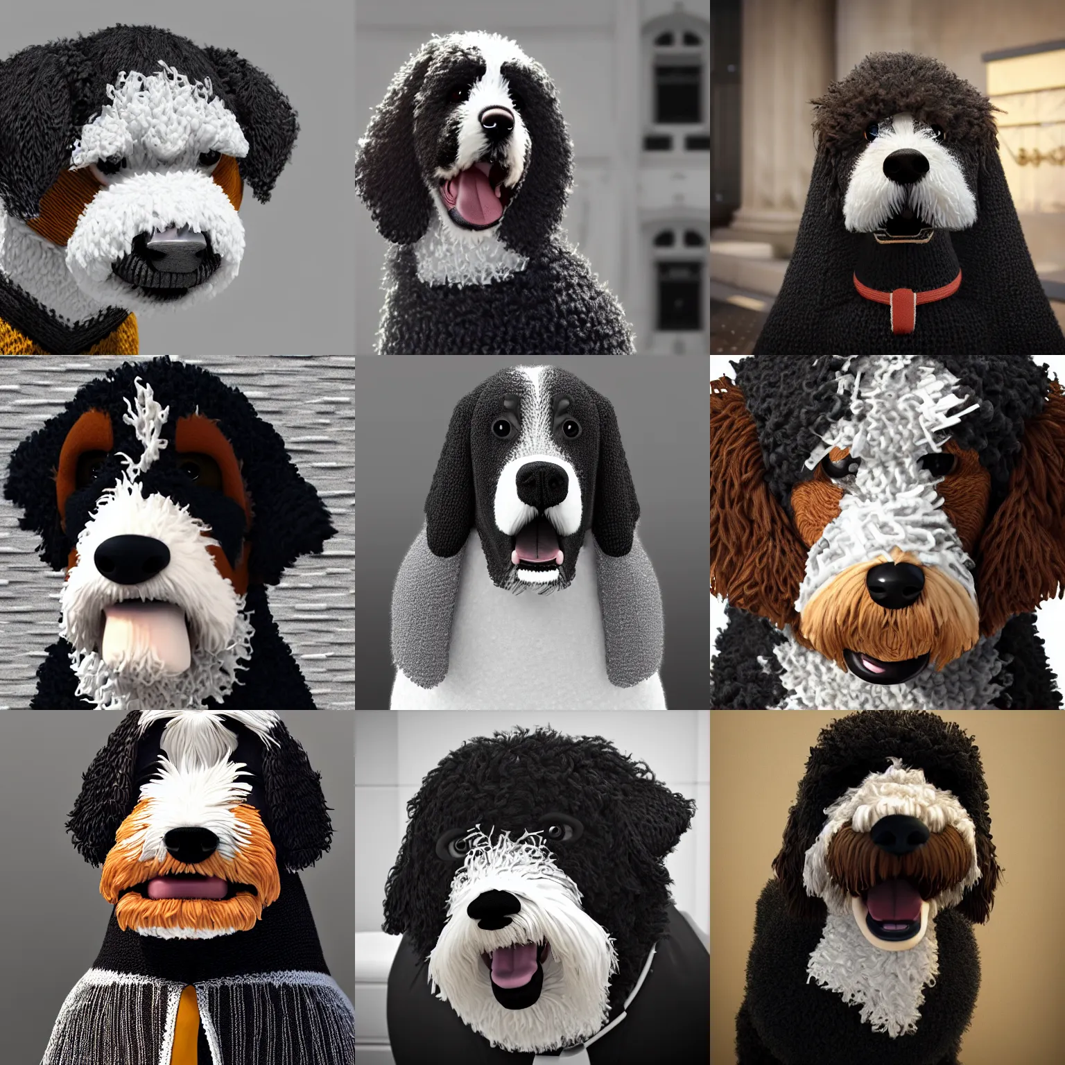 Prompt: a closeup photorealistic illustration of a smiling knitted bernedoodle judge dog dressed in a black gown, presiding over the courthouse. scales of justice. this 4 k hd image is trending on artstation, featured on behance, well - rendered, extra crisp, features intricate detail, epic composition and the style of unreal engine.