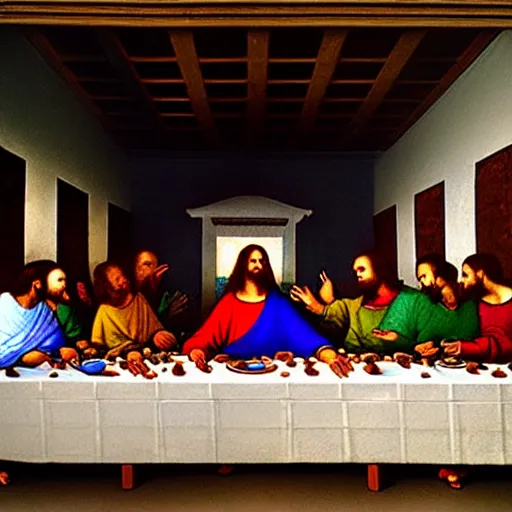 Image similar to a spray-paint graffiti art of The Last Supper by Da Vinci