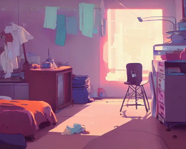 Image similar to an untidy room with laundry on the floor, detailed, by cory loftis, james gilleard, atey ghailan, makoto shinkai, goro fujita, studio ghibli, plain background