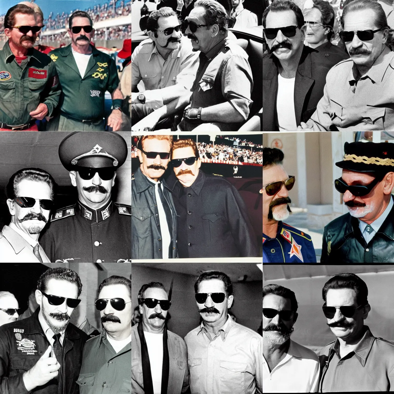 Prompt: a color photo of Dale Earnhardt wearing sunglasses with stalin