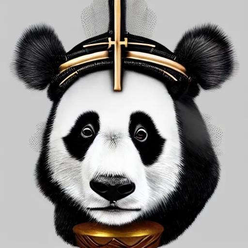 Image similar to a panda with a liturgical headdress, a mitre, and the hand of benediction, ultra detailed, 8 k, trending on artstation, award - winning art,