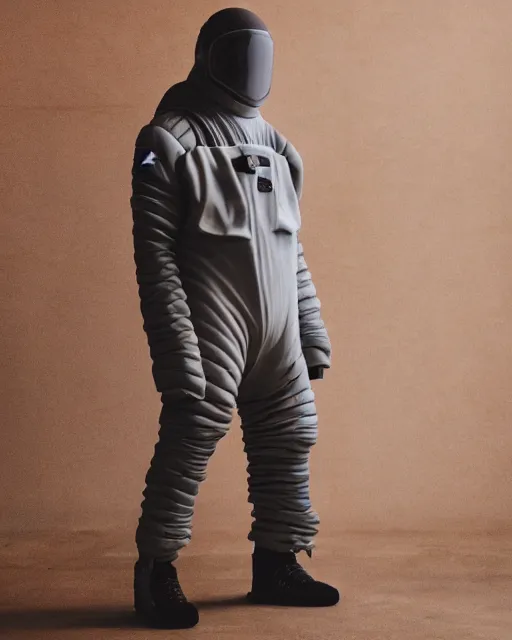 Image similar to Yeezy designed space suit, model, studio photography, clothing drop, unreleased, Yzy, YZY GAP, Balenciaga, minimalist, dystopian feel