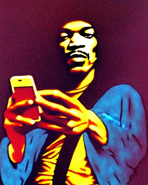 Prompt: grunge rock jimi hendrix taking a selfie with his iphone, instagram, tiktok, postmodern surrealist concert poster, grainy poster art, hand drawn matte painting by lynd ward and gary houston, smooth, sharp focus, extremely detailed, 3 5 mm.