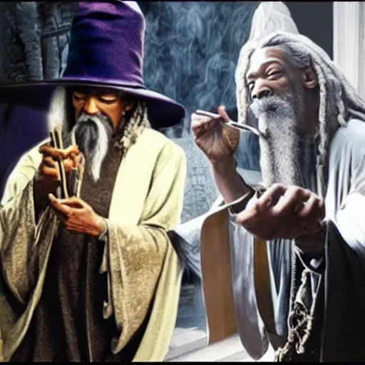 Image similar to Gandalf smoking marijuana with Snoop Dog