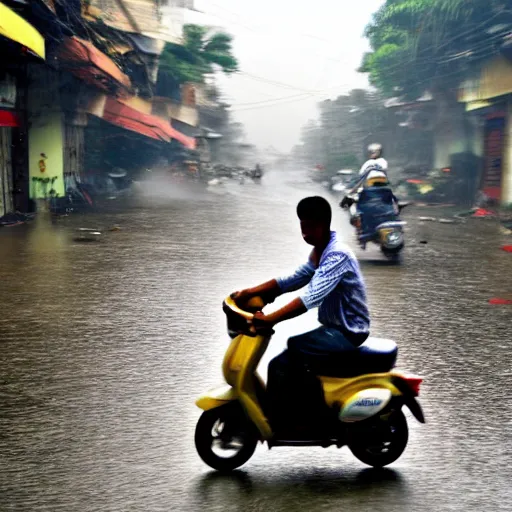 Image similar to a man riding a moped during a tornado hurricane, hanoi vietnam