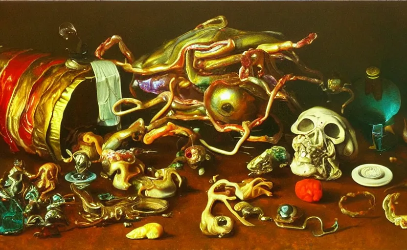 Image similar to disturbing colorful oil painting dutch golden age vanitas still life sparse composition interesting scaling with bizarre objects strange gooey transparent surfaces shiny metal reflections bizarre mutant meat insects rachel ruysch dali todd schorr very detailed perfect composition rule of thirds masterpiece canon 5 0 mm, cinematic lighting, photography, retro, film, kodachrome