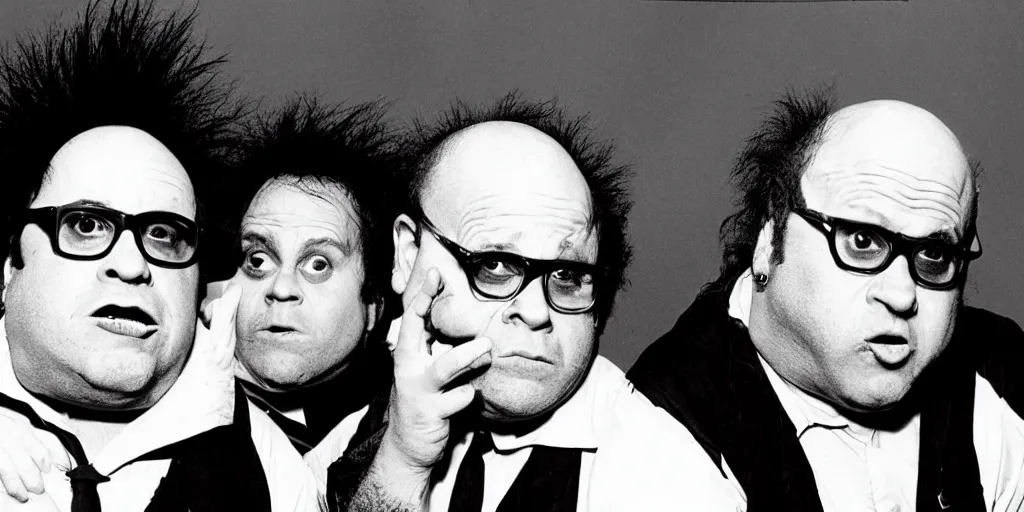 Image similar to Danny DeVito coneheads punk rock band, 1980s surrealism aesthetic, detailed facial expressions