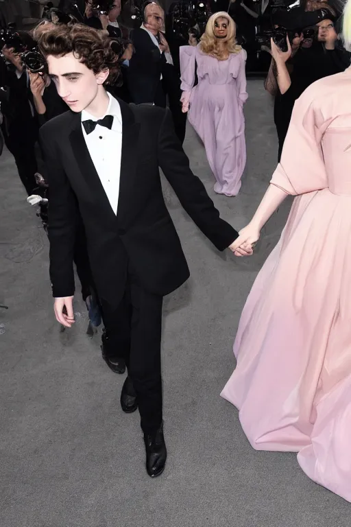 Image similar to timothee chalamet and lady gaga holding hands, beautiful detailed faces, canon eos, featured, flash lighting