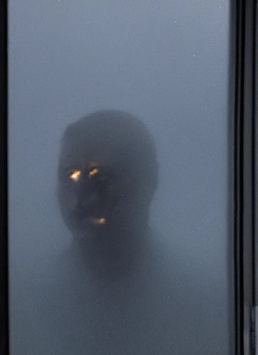 Image similar to dark photo of dark blue rainy bedroom window at night, dimly lit creepy face of elon musk staring in through the window, horror, scary face,