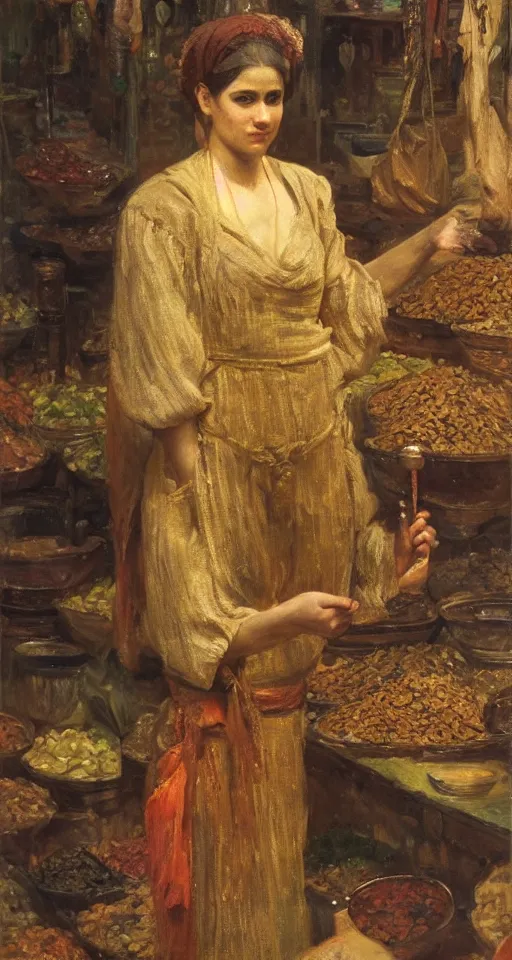 Image similar to young woman standing in a spice market at night by theodore ralli and nasreddine dinet and anders zorn and nikolay makovsky and edwin longsden long, oil on canvas, masterful intricate artwork, excellent lighting, high detail 8 k