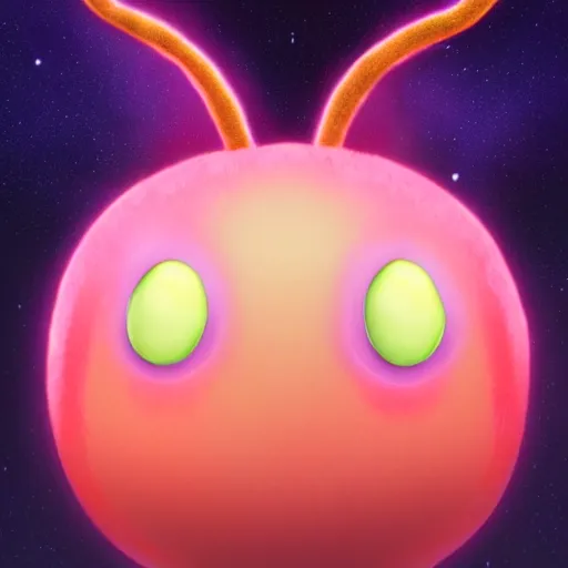 Image similar to an alien with a face that looks like a fuzzy peach the peach is fuzzy pink warm and ripe the alien has horns and a mean smile, 4k, highly detailed, high quality, amazing, high particle effects, glowing, majestic