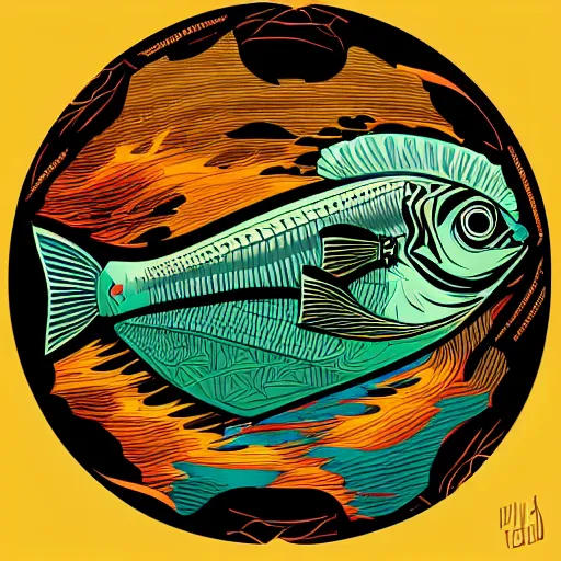 Prompt: profile of one stylized fish in center of view, dark ocean, complex patterns, artstation, intricate, realistic, highly detailed, digital painting, concept art, sharp focus, illustration by tom whalen and charles williams and kilian eng and james jean