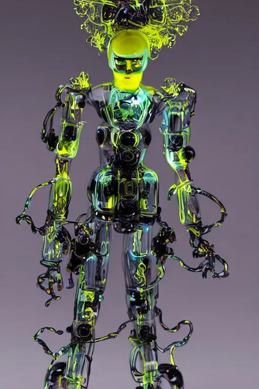 Prompt: a intricate anime figurine that looks like a transparent plastic anime robot with fluo colored details covered in yellow smoke, moody light, flemish painting