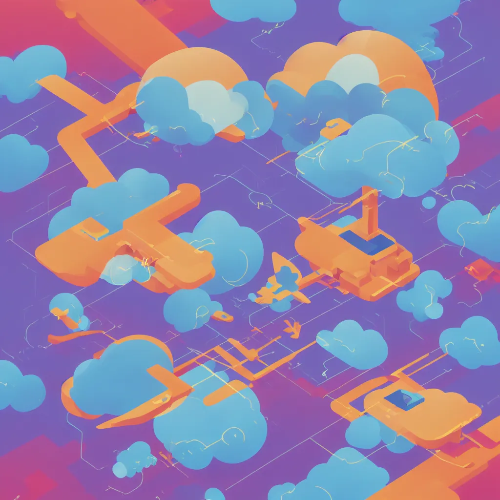 Image similar to a simple micro-service deployed to a public cloud, security, attack vector, trending on Artstation, painting by Jules Julien, Leslie David and Lisa Frank, muted colors with minimalism