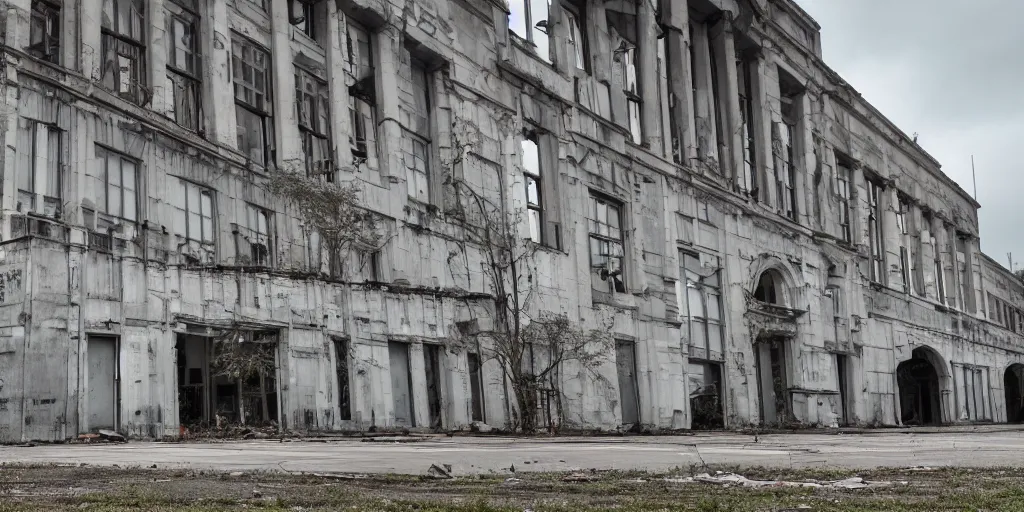 Image similar to an abandoned city hall with the door being covered by some maersk shipping containers