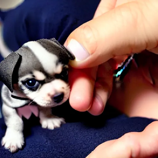 Image similar to a cyborg petting a tiny puppy, cute, hyperrealistic