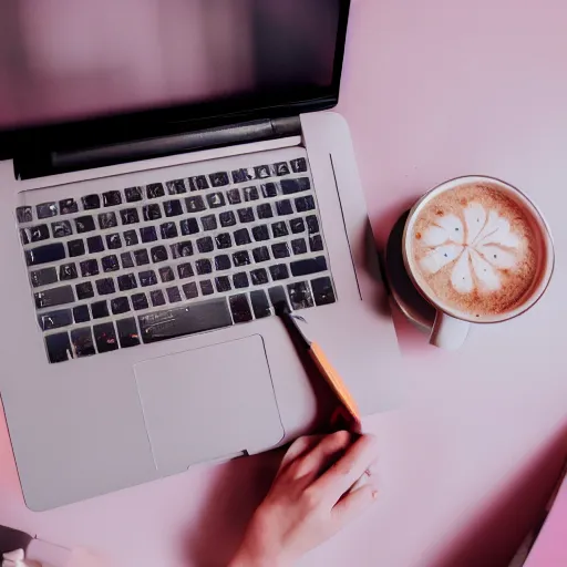 Image similar to a photograph of a person sitting at a desk, looking at laptop, dimly lit bedroom, hot cocoa drink on desk, professional photography, pastel tones, 4 k, 8 k