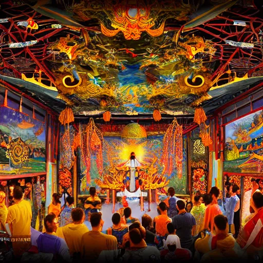 Image similar to beautiful painting of an arcane solar drone ceremony in a balinese mechanical palace in the style of Prateep Kochabua, Leonora Karrington, Welder Wings, Hervé Scott Flament, high-quality digital art, detailed, trending on Artstation