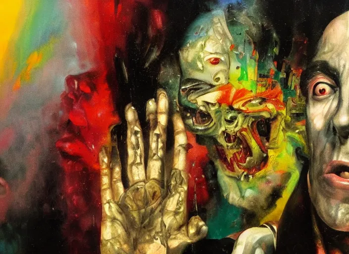 Prompt: a still from an occult horror movie by dario argento, alejandro jodorowsky and kenneth anger, close - up : : oil painting by adrian ghenie