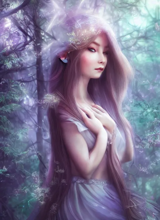 Image similar to beatiful ethereal elf princess in an enchanted forest, focus on the face and eyes, 3/4 side view, hair jewellery, fully clothed, light mist, light rays sieving through the trees, shallow depth of field, coherent composition, by Yuumei, by Artgerm, by WLOP