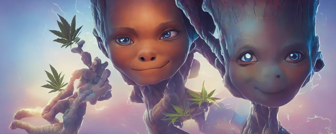 Image similar to portrait smiling round cute face cannabis!!, big eyes, marijuana!, baby groot, realistic shaded perfect face, cinematic volumentric lighting, jim cheung, david marquez, mike deodato jr, behance hd by jesper ejsing, by rhads, hyper detailed, octane render, concept art, artstation