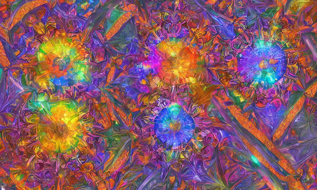 Image similar to voronoi engine laboratory 3 d volume kaleidoscope mandala fractal chakra digital multicolor stylized concept substance by artgerm, rossdraws, norman rockwell, magali villeneuve, gil elvgren, alberto vargas, earl moran, enoch bolles radiating a glowing aura global illumination ray tracing hdr