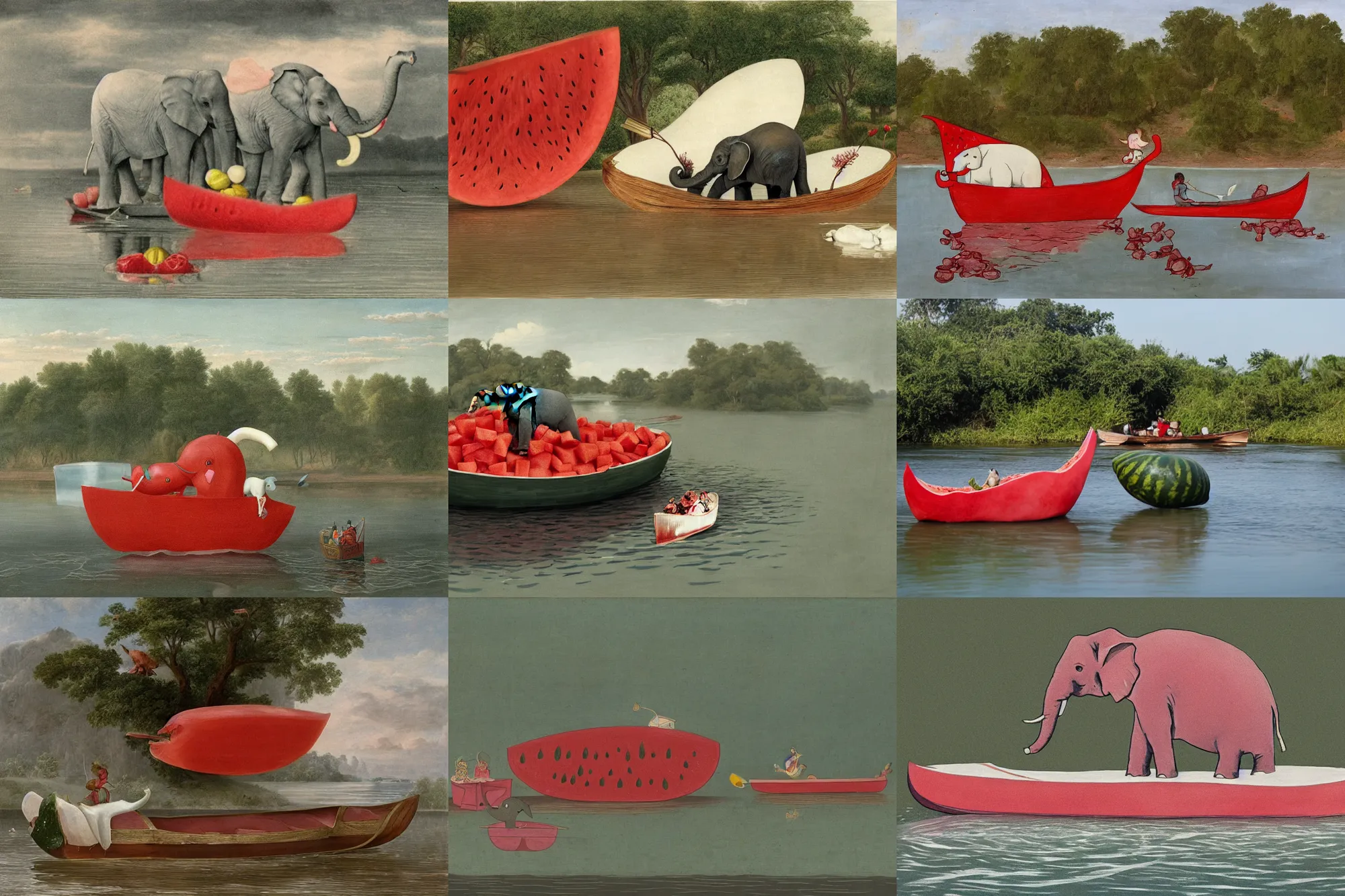 Prompt: a small elephant sits in a boat made of watermelon and floats on a river of white milk