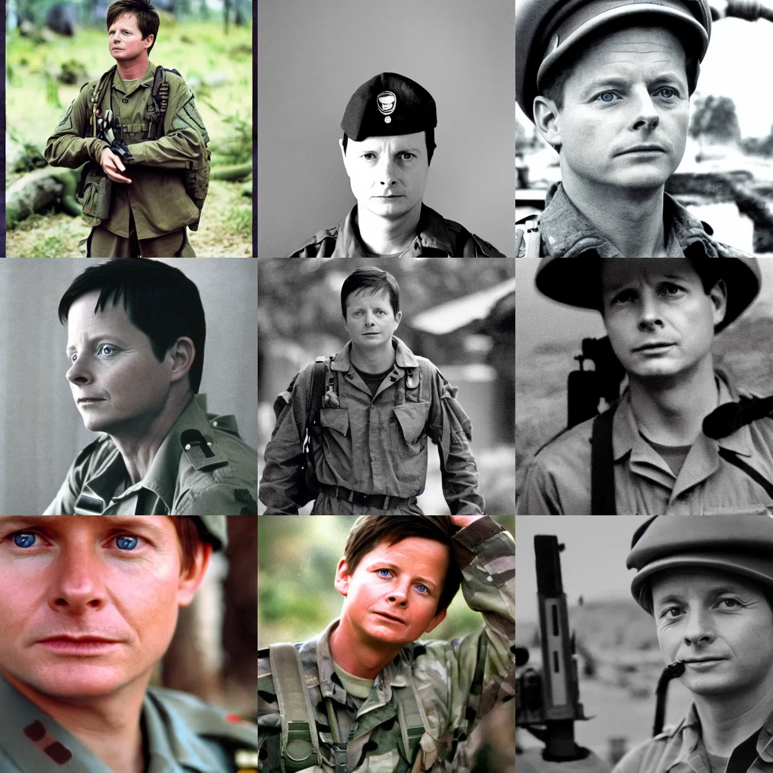 Prompt: michael j. fox as a soldier in vietnam, film still, portrait, kodak, blue tint