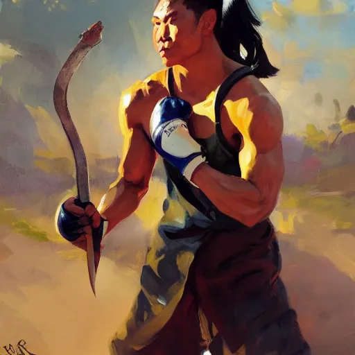 Prompt: greg manchess portrait of a filipino mma fighter charging with a sword, organic painting, sunny day, matte painting, bold shapes, hard edges, street art, trending on artstation, by huang guangjian, gil elvgren, ruan jia, randy vargas, greg rutkowski