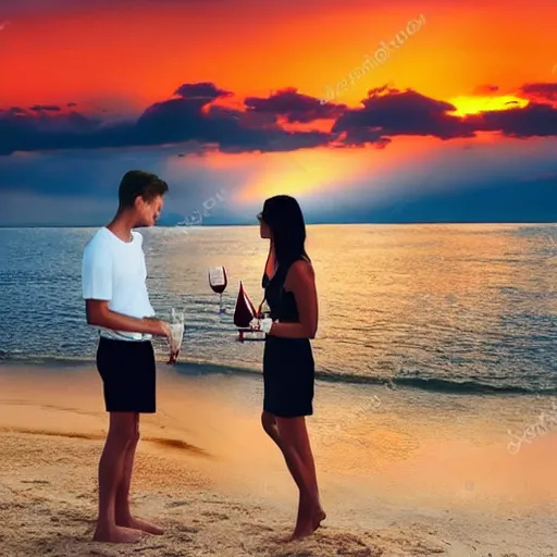 Prompt: one young man and one young woman drinking wine on a beach at sunset, beautiful colors, amazing landscape, painting