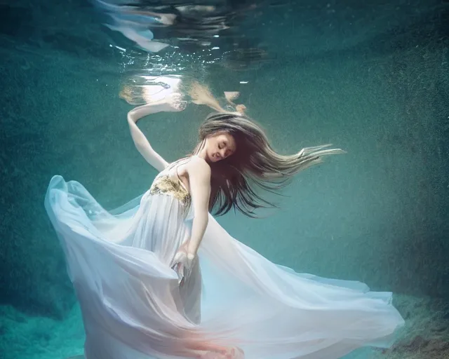 Prompt: beautiful female, full body, in long flowy dress, underwater, cinematic volumetric lighting, soft bokeh, glow, 8 k, by lexi laine, by wlop, by ross tran, fashion photography