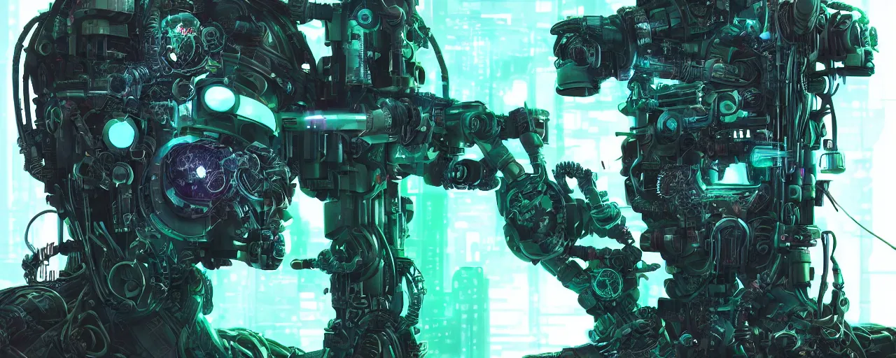 Image similar to Portrait of a cyberpunk sci-fi VR holoreel machine engine, third person, D&D, sci-fi fantasy, cogs tubes tanks pistons pulleys, monitor screen, intricate, green black ebony, highly detailed, art by Range Murata, highly detailed, 3d, octane render, bright colors, digital painting, trending on artstation, sharp focus, illustration style of Stanley Artgerm, background in a cinematic