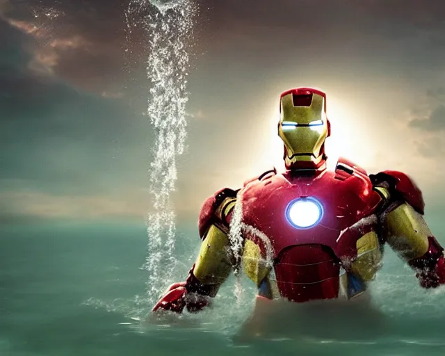 Image similar to iron man submerged under water, cinematic, photoreal, by red dead redemption 2