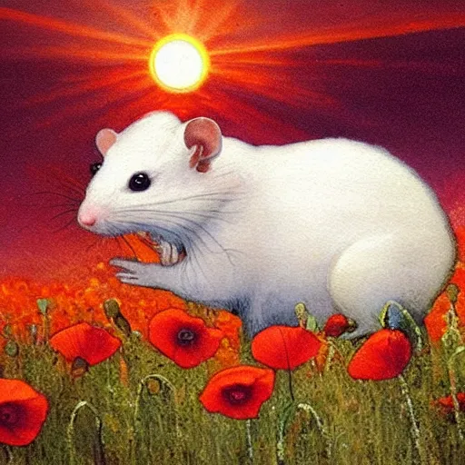 Image similar to a masterpiece painting by alfred mucha : a small white rat taking the sun in a poppy field with a red sunset in the background