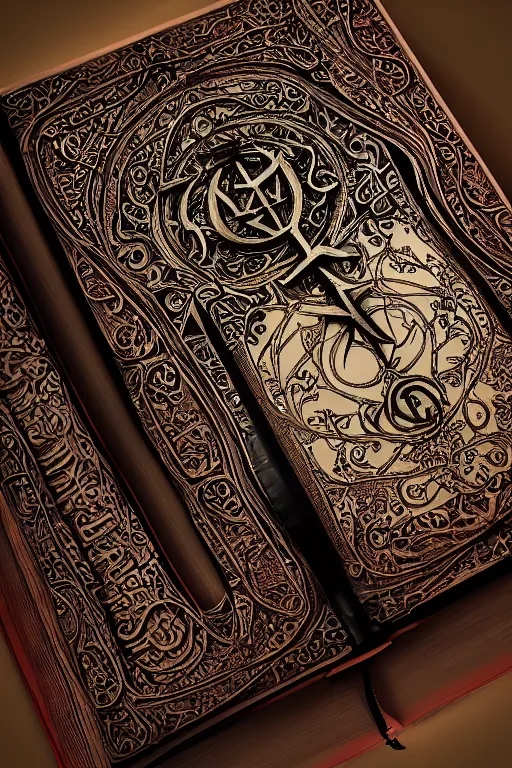 Prompt: an ancient ornate intricate old tome spell book satanic poetry with the sigil symbol of diablo emblazoned on the cover, cinematic, realistic, intricate detail, finely detailed, small details, extra detail, photorealistic, high resolution, 3 d, pbr, path tracing, volumetric lighting, octane render, arnold render, 8 k