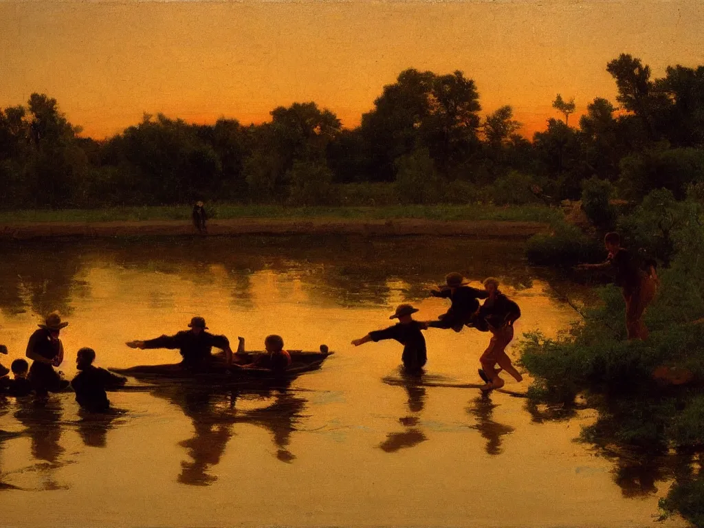 Prompt: Men and Boys Playing in the Missiissippi River at Sunset, painting by George Caleb Bingham and Thomas Eakins, oil on canvas