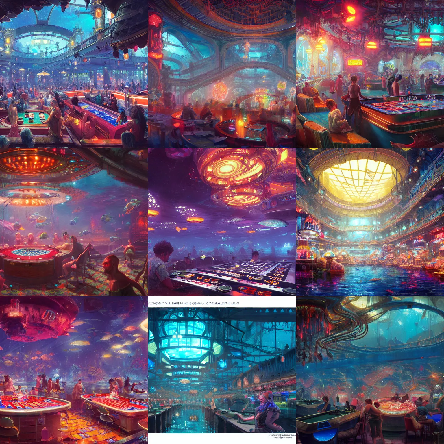 Prompt: painting of an underwater casino, highly detailed, digital painting, crowded, lights, luminescent, vibrant, art by artgermd and greg rutkowski and magali villeneuve