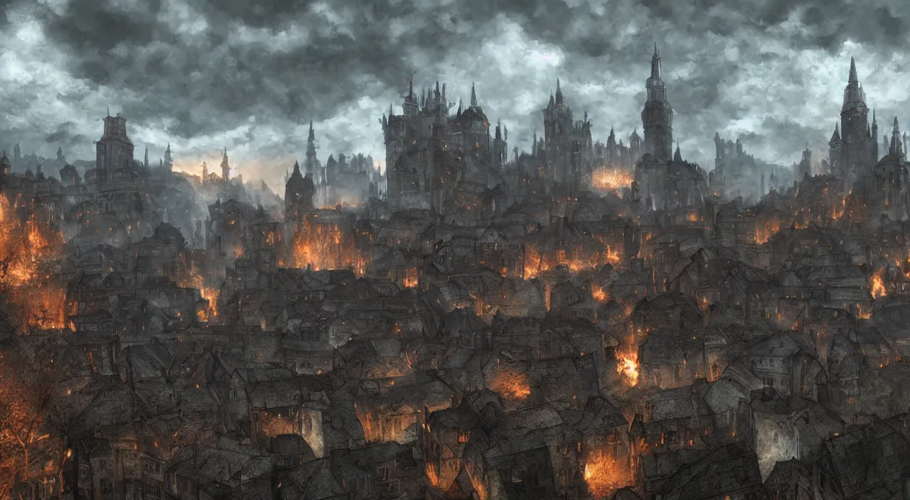 Image similar to fall of the ancien regime, medieval cityscape with darker skies and fires, ghibli, photorealistic, digital studio art, modded skyrim