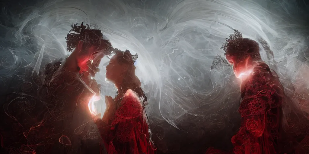 Prompt: couple's wedding from hell, by tom bagshaw and greg rutkowski, red fabric, fiber amethyst weaving into strands of smoke and brass and iron metal filigree joining into carbon fiber strands, fractal shapes, white explosions, dramatic lighting, ultra detail, close up, dof, smooth render, cinematic, octane render