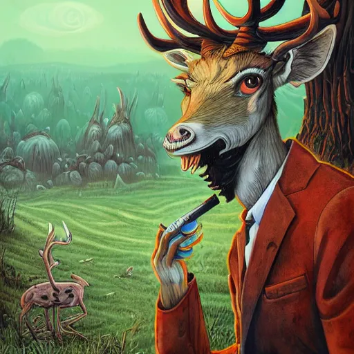 Image similar to 4 k headshot portrait of a psychedelic demonic anthropomorphic deer - horned wendigo smoking a hand - rolled cigarette smoking heavily, magic mushroom village in background. award winning. superb resolution. in the art style of junji ito and greg rutkowski. detailed mushroom city in background. hyper realistic anime. perfect art. dalle 2