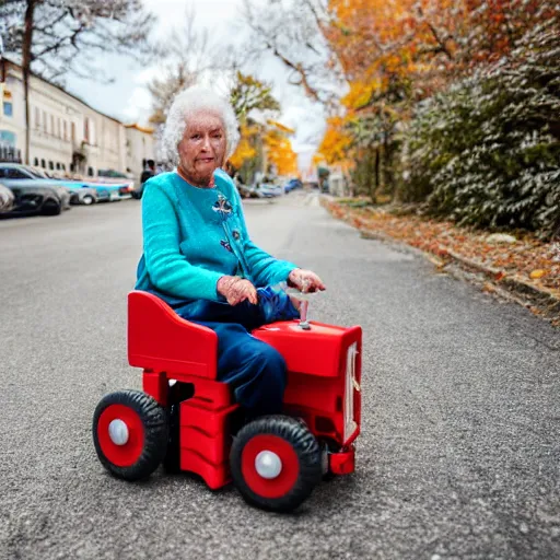 Prompt: elderly woman as a toy truck, canon eos r 3, f / 1. 4, iso 2 0 0, 1 / 1 6 0 s, 8 k, raw, unedited, symmetrical balance, wide angle