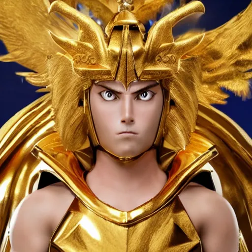 Prompt: a live action menacing, medium close - up, studio studio photographic portrait of the gold saint of geminis from saint seiya : knights of the zodiac, wearing gold armor, gemini gold cloth, in the background is the old temple of athena ( greece ), photoshopped, octane render, hyperrealistic, ultra detailed, symmetrical, 8 k, arnold render