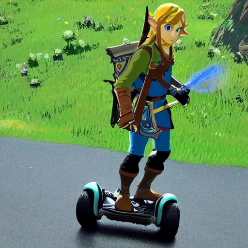 Image similar to Link riding a Segway in The Legend of Zelda Breath of the Wild